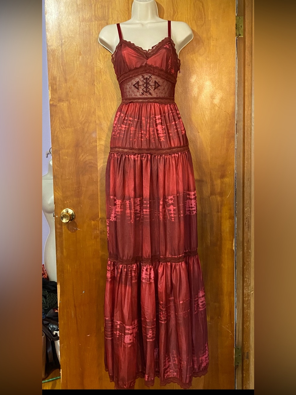 NWT “WIDOW” Whimsigoth gown/maxi dress,dark red ombre batik dye,sheer lace,XS